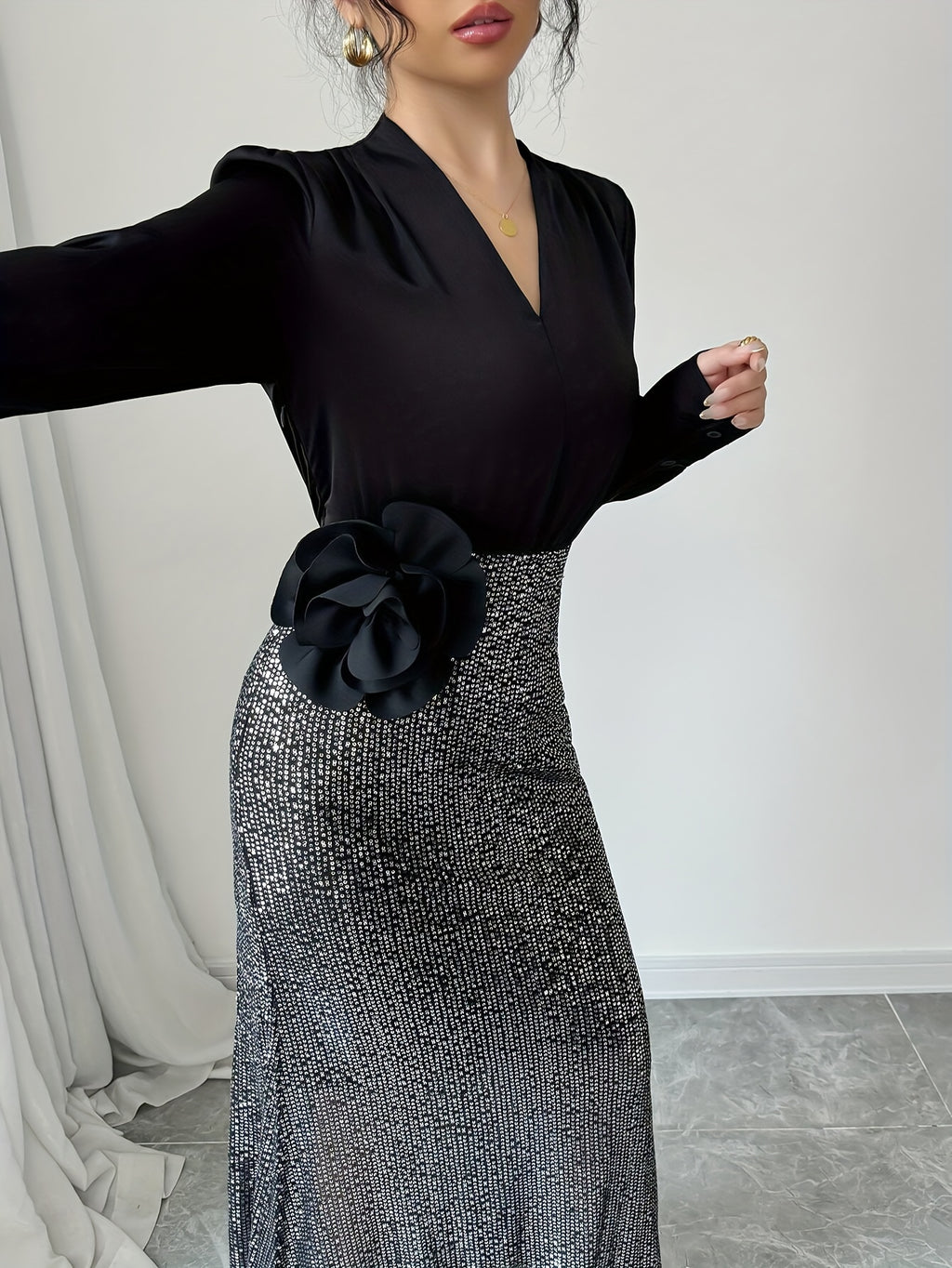 French Elegant V-Neck Sequin 3D Rose Dress - Sparkling Long Sleeve A-Line Evening Gown