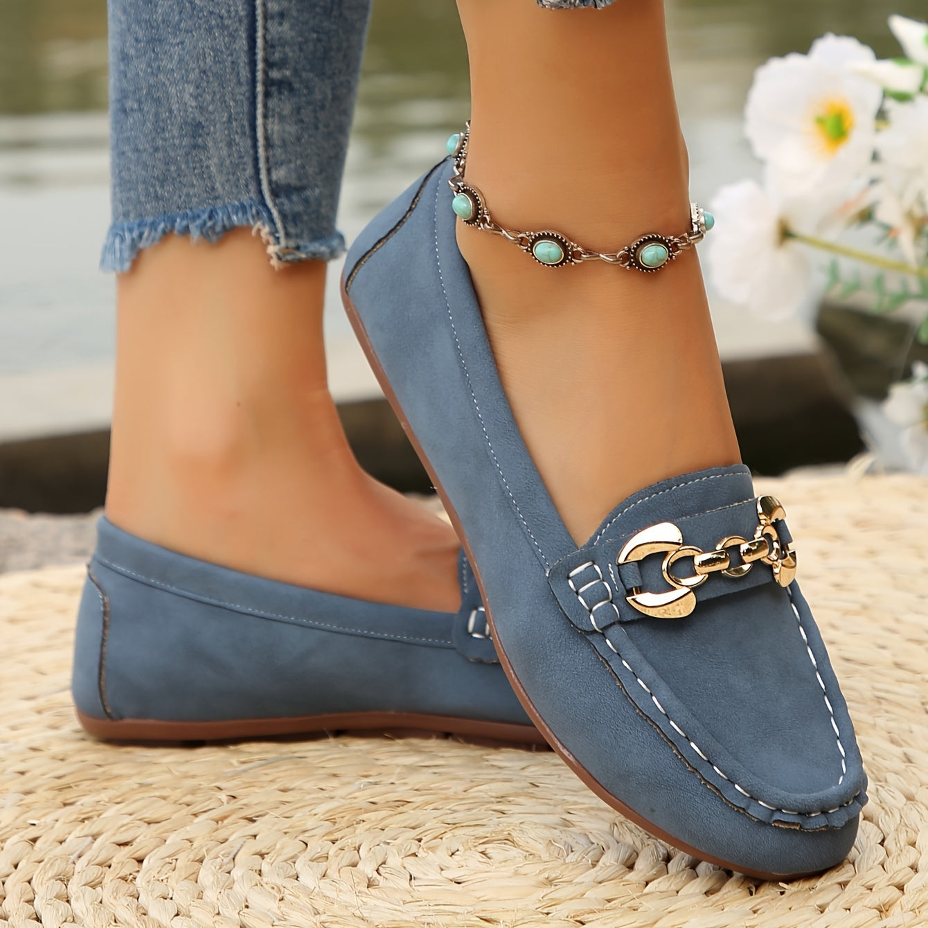 Women's Slip-On Soft Sole Casual Flats with Decorative Chain & Metallic Accents - PU Cover Upper, Breathable Fabric Lining, Rubber Sole - All-