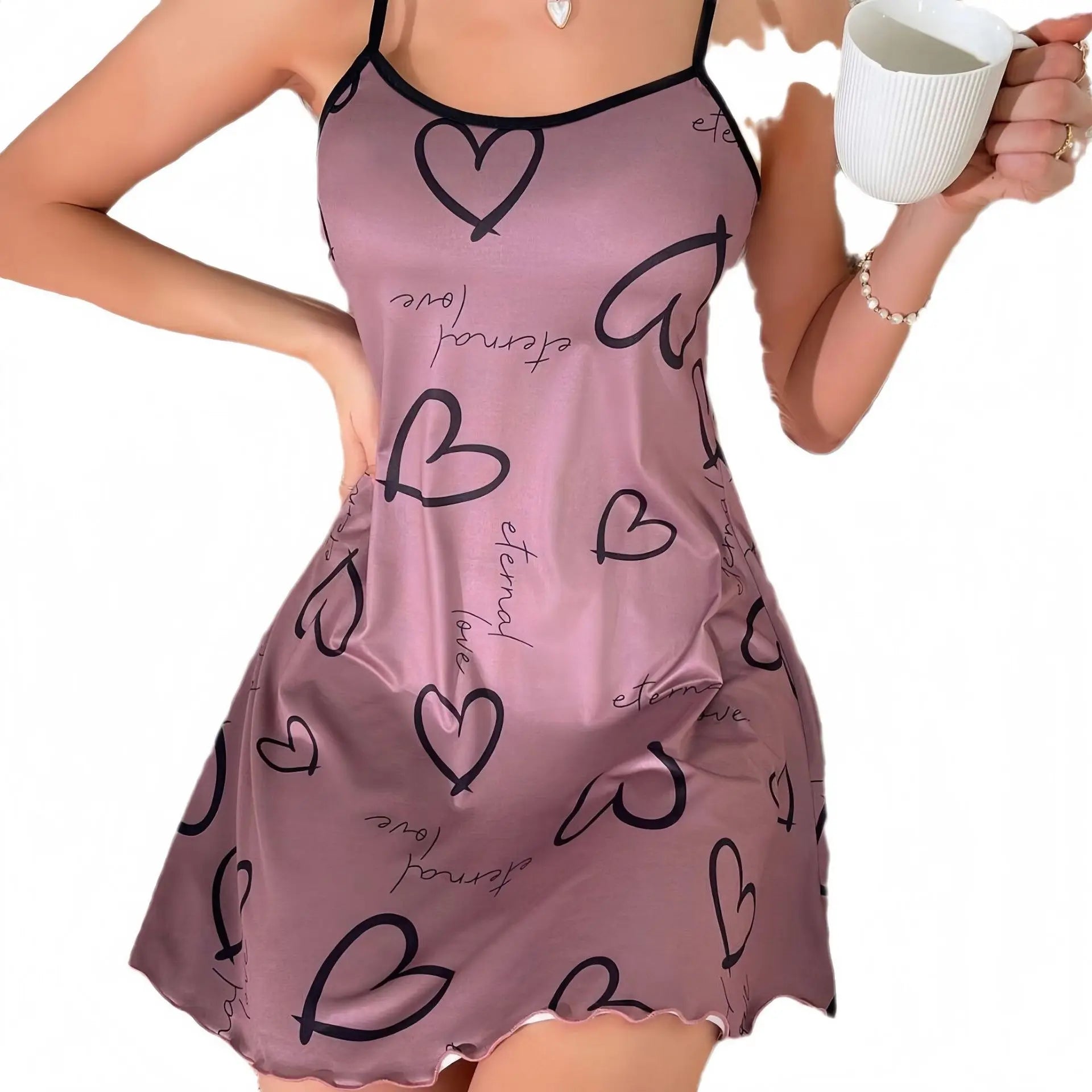 Heart Printed Casual Frill Trim Nightdress Sleepwear Women's Sexy Lingeire Round Neck Backless Slip Dress Comfortable Nightgown