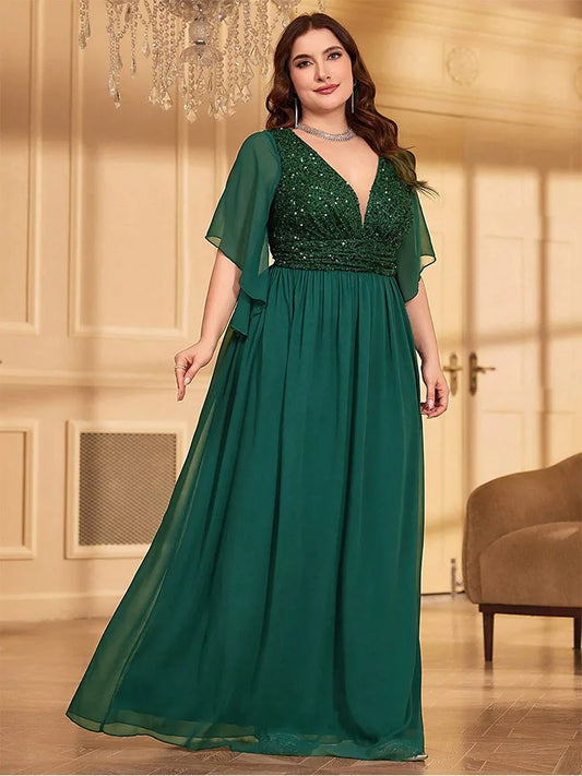 Plus Size Chiffon V-Neck Sequined Bridesmaid Evening Dress 4xl5xl Big Size Wedding Banquet Luxury Floor-Length Evening Dress