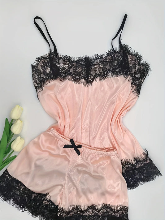 Summer Lace Silk Pajama Set Women Sleepwear Sexy Lingerie Camisole Shorts Cami Top Comfortable Casual Pijamas