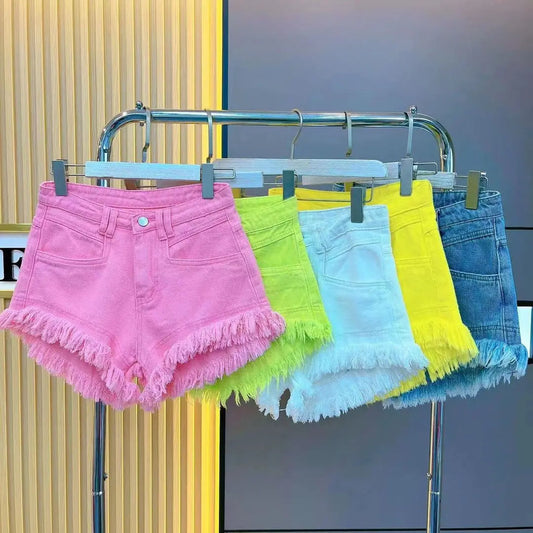 2025 Summer New Women's Tassel Denim Shorts Jeans Ruffled Fringe Perforated Hot Pants