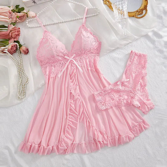 2025 Lace Sleeping Robe Nightgown Set Hot Erotic Pajamas With Summer Sleeveless Halter Dress Sexy Sleepwear For Plus Size Woman