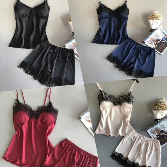 2024 Summer 2 Pcs V-Neck Women's Sexy Pajamas Black Cute Clothes Comfortable Breathable Suspender Shorts Set