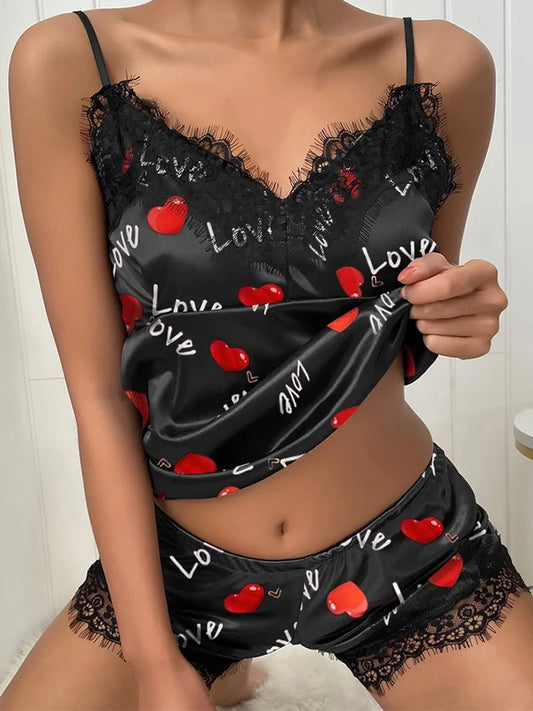 Women's Two Piece Lace Love Heart Lips Dot Kawaii Print 2022V Neck Silk Fashion Comfortable Pajamas Elegant Homewear Set