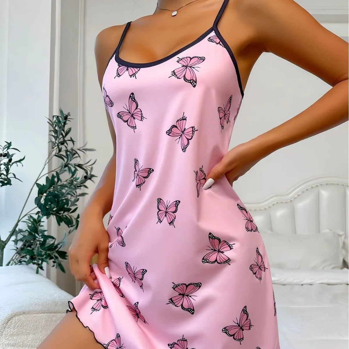 Heart Printed Casual Frill Trim Nightdress Sleepwear Women's Sexy Lingeire Round Neck Backless Slip Dress Comfortable Nightgown