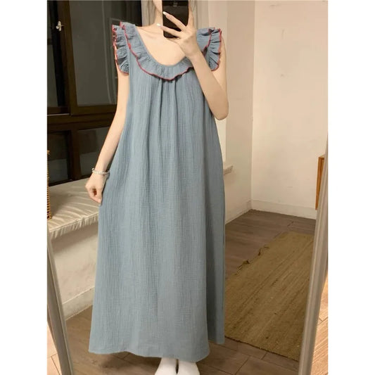 Women's Pajamas Dress Sexy Backless Nightgown Sleeveless Ruffles Loose Sleepwear Loungewear Ladies Solid Nightwear Homewear