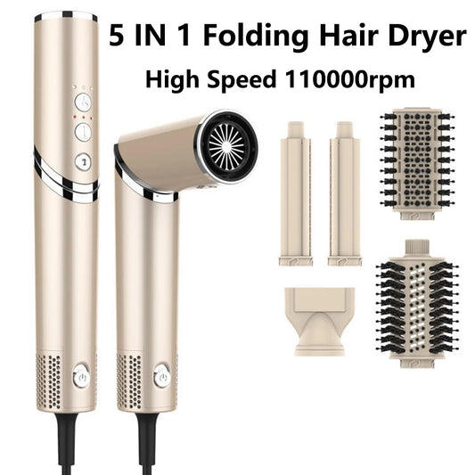 5 in 1 Folding Hair Dryer 110000RPM Professional Brushless Negative Ions Hot Air Brush Hair Styler Tools Auto-Wrap Curlers