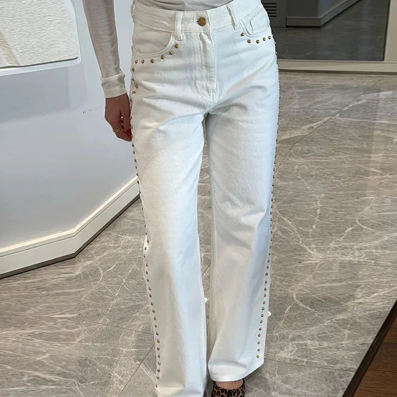 Bead Women's Denim Jean Loose High Waisted Pockets Zipper All-match Straight Leg Trouser Female 2025 Y2k Street Lady Outwear