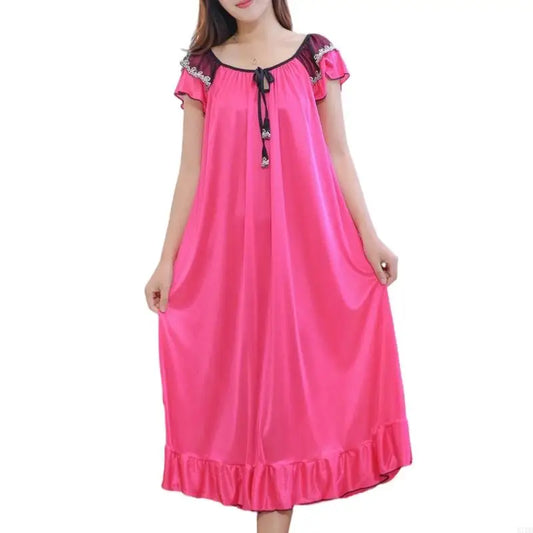 M7DD Women's Long Ice Silk Nightgown Summer Short Sleeve Sleep Dress Nightdress Casual Loose Chemise Sleepwear Sleepshirt
