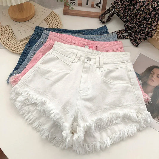 ITOOLIN Women Vintage Tassels Denim Shorts Button Loose High Waist A-line Jean Shorts Casual Women Office Trousers Streetwear