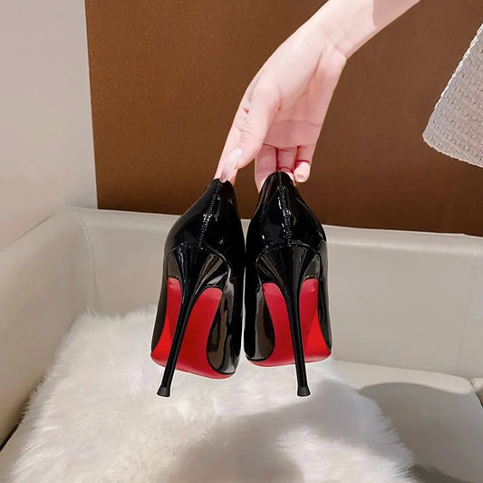 Red soled black high heels for women, slim heels,