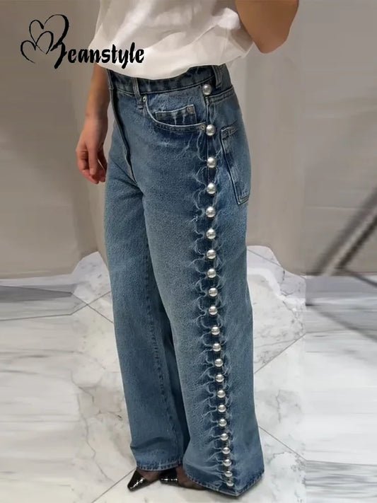 Bead Women's Denim Jean Loose High Waisted Pockets Zipper All-match Straight Leg Trouser Female 2025 Y2k Street Lady Outwear