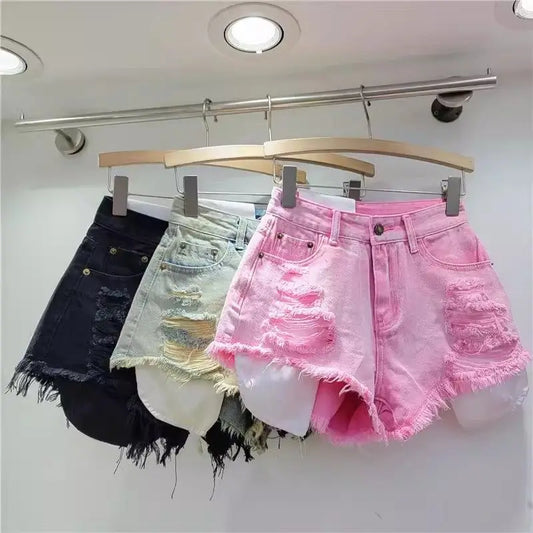 Leaking Pocket Street Hole Washed Retro Blue Denim Shorts 2025 Summer New Spice Girl Fashion Jeans Hot Pants Shorts Women