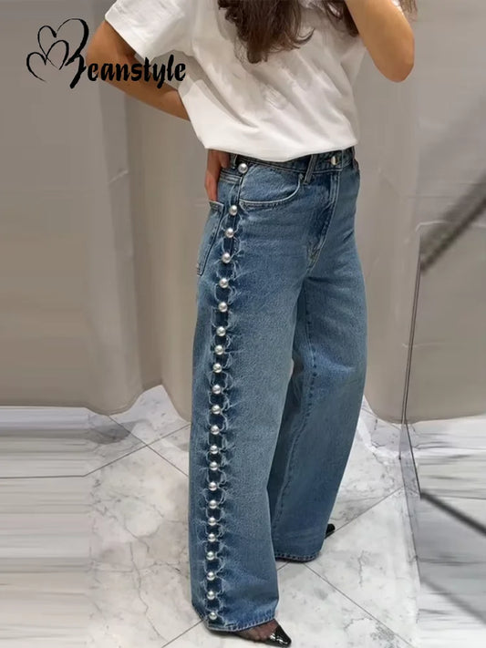 Bead Women's Denim Jean Loose High Waisted Pockets Zipper All-match Straight Leg Trouser Female 2025 Y2k Street Lady Outwear