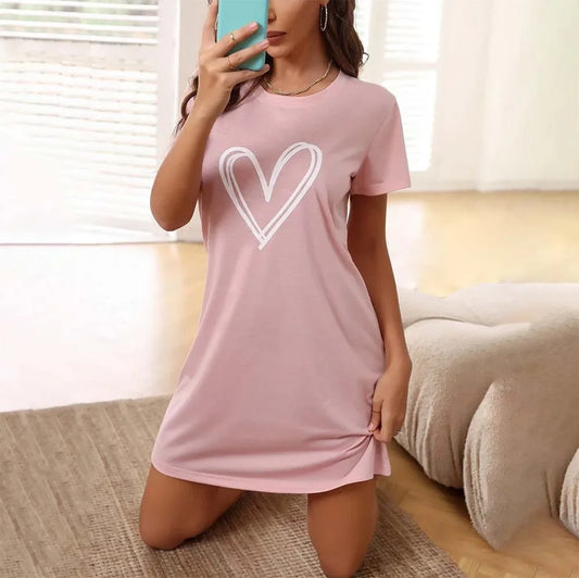 Women's Sexy Nightgown Love Print Short-sleeved Comfortable Pajamas Homewear
