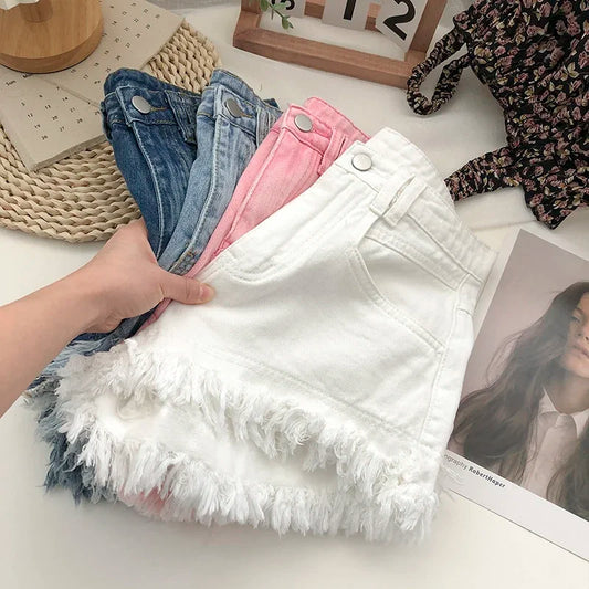 ITOOLIN Women Vintage Tassels Denim Shorts Button Loose High Waist A-line Jean Shorts Casual Women Office Trousers Streetwear