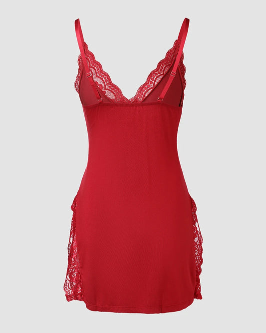 3-piece lace trimmed side seam bow decoration nightgown