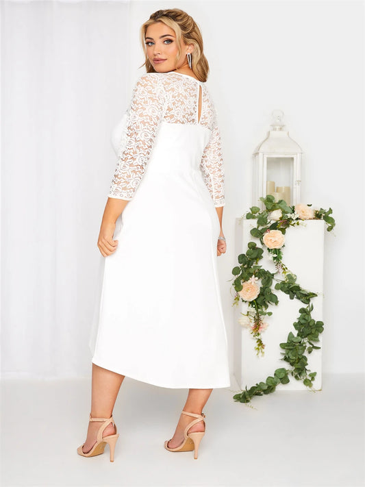 Plus Size Elegant 3/4 Lace Sleeve Spring Autumn Party Dress Women Casual White A-line Midi Dress Large Size 7XL 8XL