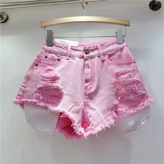 Leaking Pocket Street Hole Washed Retro Blue Denim Shorts 2025 Summer New Spice Girl Fashion Jeans Hot Pants Shorts Women