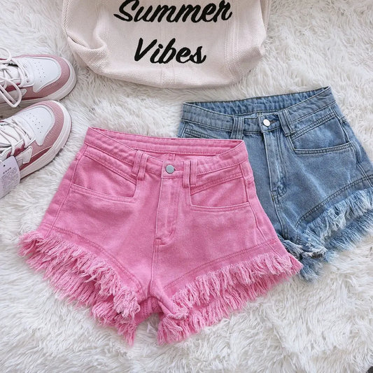 2025 Summer New Women's Tassel Denim Shorts Jeans Ruffled Fringe Perforated Hot Pants