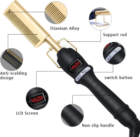 Electric Hot Comb Hair Straightener Heating Comb Ceramic LCD Straightener Brush for Wigs American African Hair Styling Tools