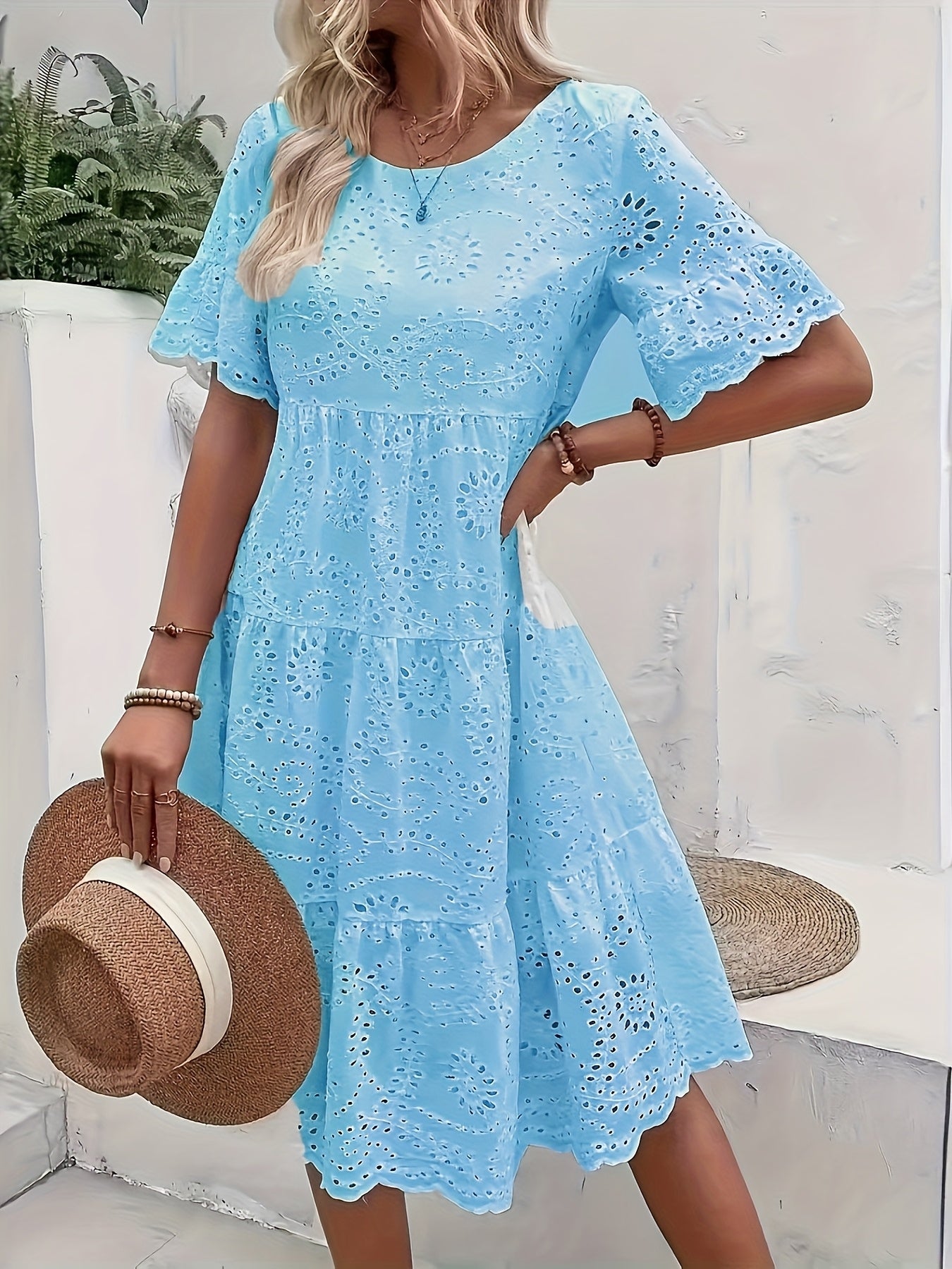 Solid Color Embroidered Lace Dress