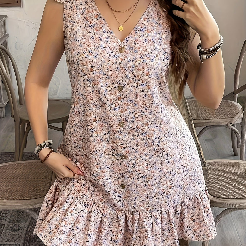 Floral V-Neck Sleeveless Light Weight Dress with Ruffled Hem & Button Details
