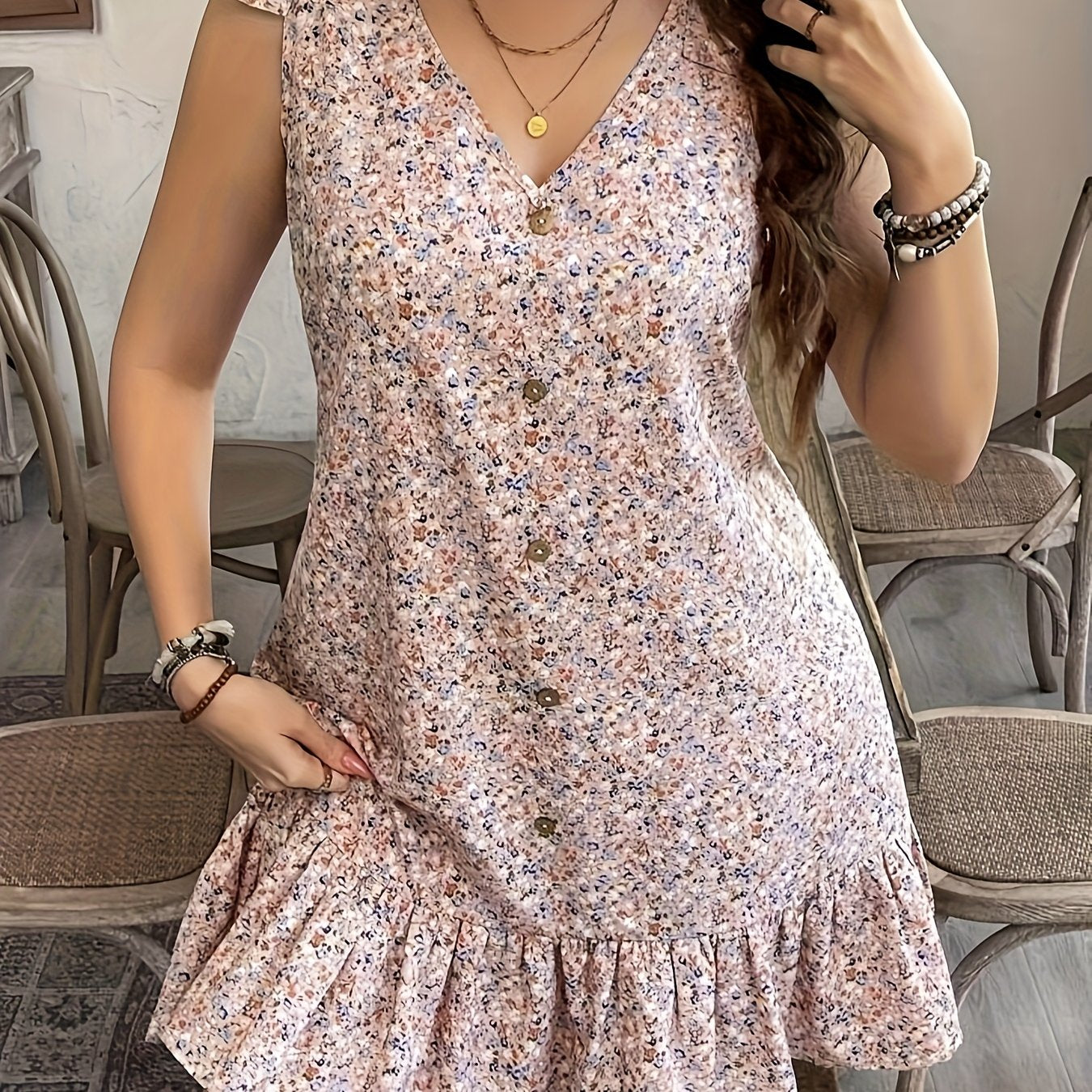 Floral V-Neck Sleeveless Light Weight Dress with Ruffled Hem & Button Details