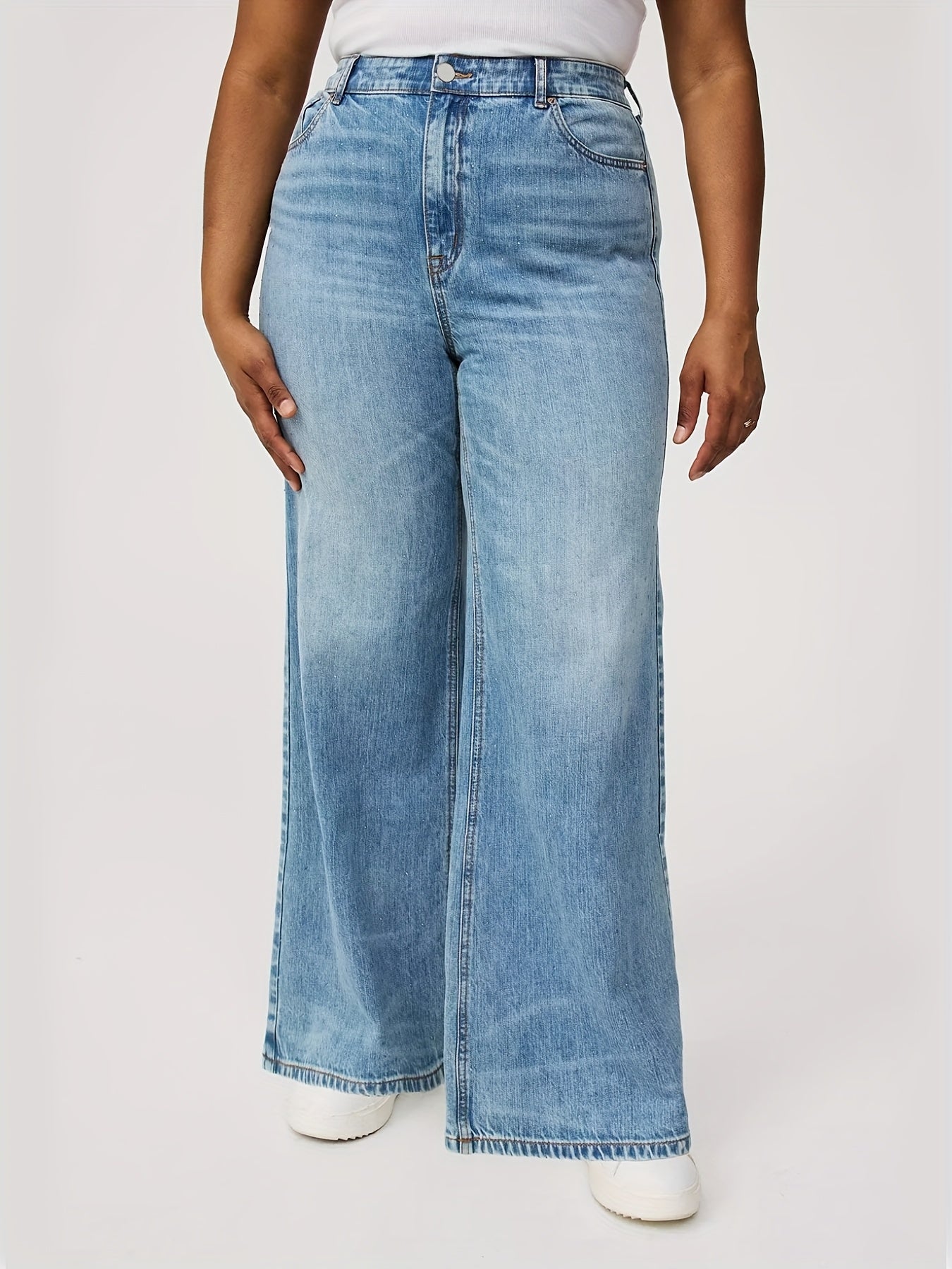 Women's Wide-Leg High-Waisted Wash Blue Jeans - Plus Size Stretch Denim Pants