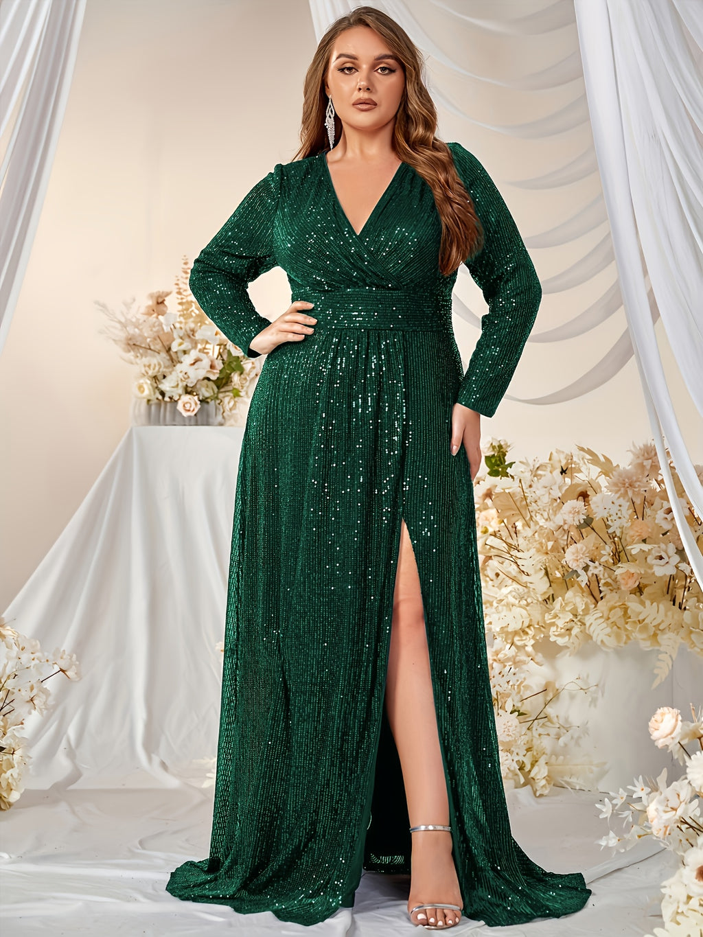 Elegant Plus Size Black Sequin V-Neck Long Sleeve Evening Gown with Side Slit