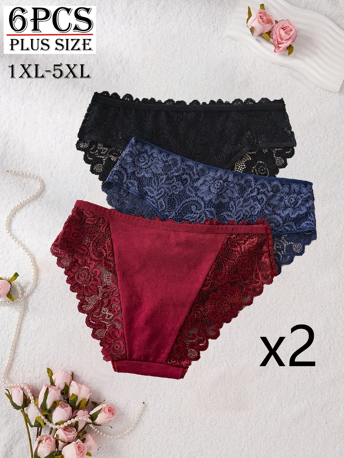 Plus Size Pure Color Romantic Lace Briefs 6pcs - Comfortable Mid Waist Sheer Panty Set