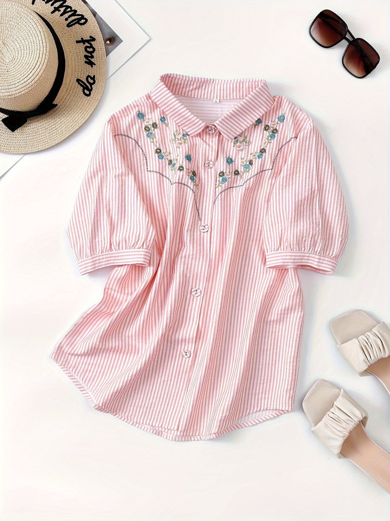 Embroidered Button Front Shirt, Casual Short Sleeve Lapel Top For Spring & Summer, Women's Clothing