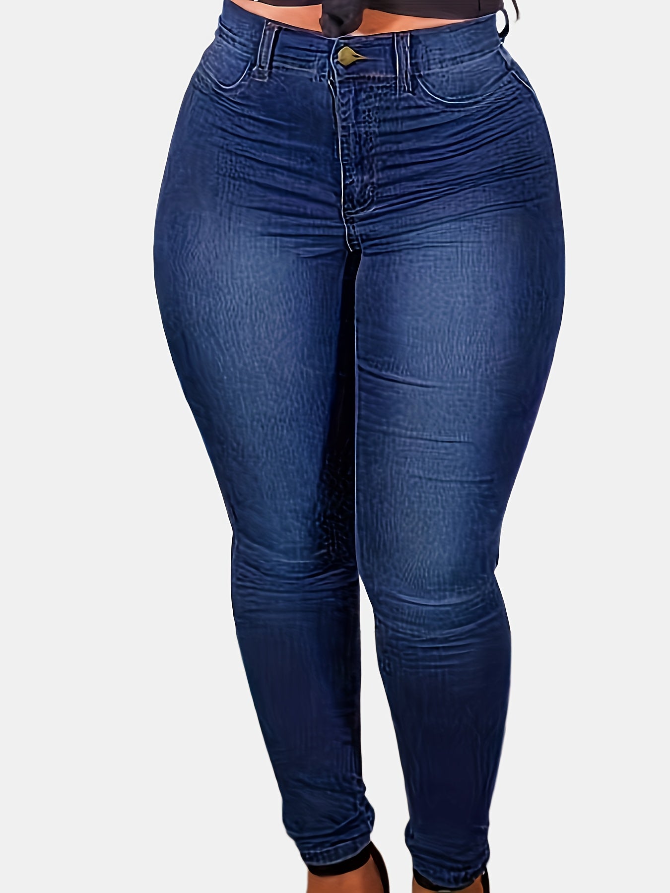Women's High-Waisted Stretch Jeans - Non-See-Through Stretch Denim Pants with Button Closure