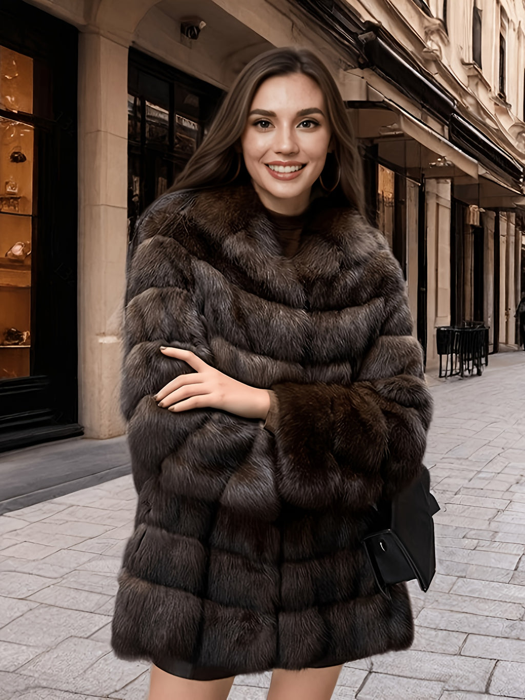 Women's Elegant Faux Fur Coat - Mid-Length Winter Jacket with Front Closure, Flared Hem & Long Sleeves