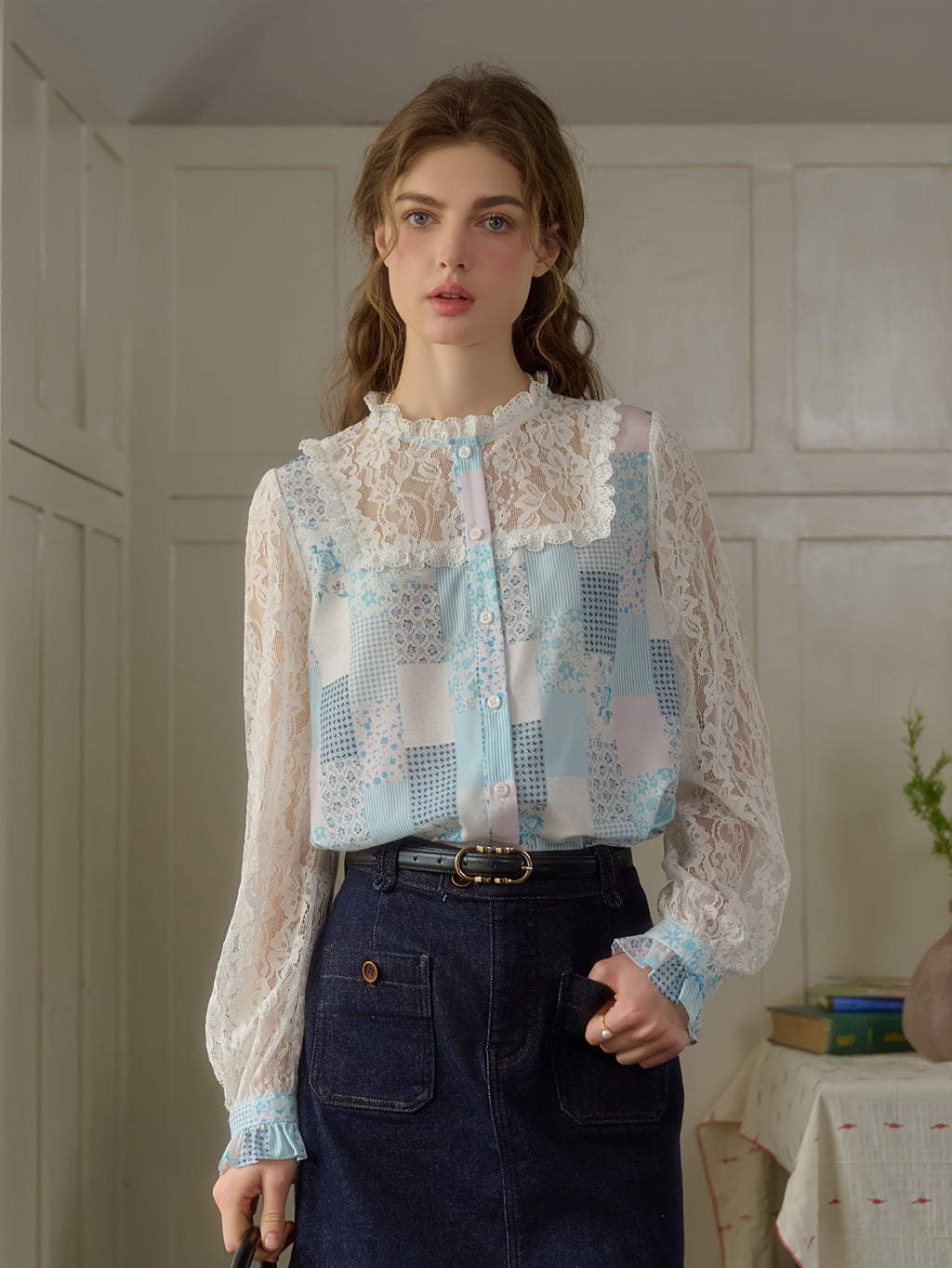Women's Autumn Winter Loose Fit Blouse - Elegant Stand-Up Collar with Lace Patchwork