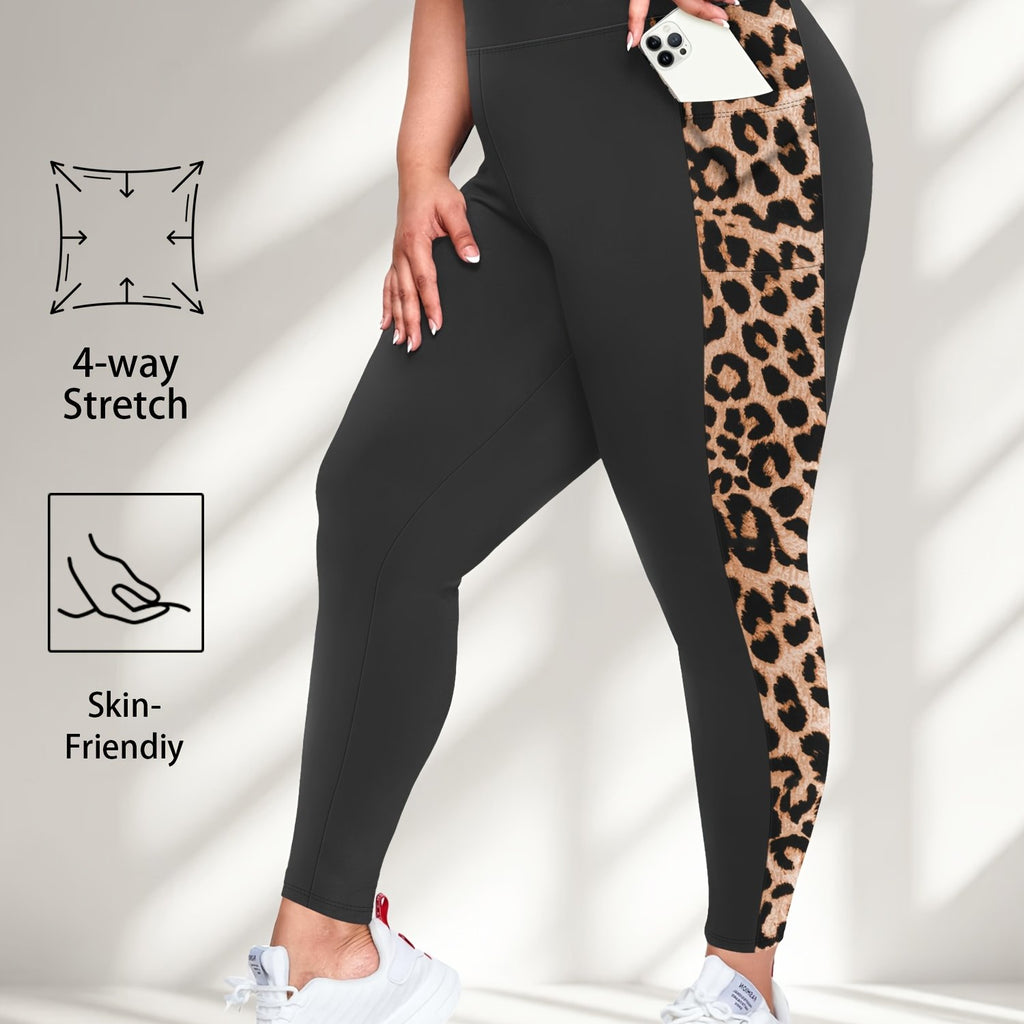 Plus Size High-Waisted Stretchy 9/10 Length Leggings with Side Leopard Print