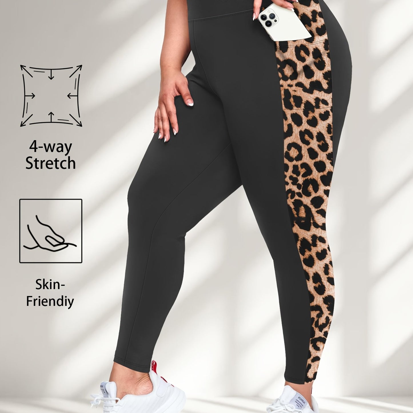 Plus Size High-Waisted Stretchy 9/10 Length Leggings with Side Leopard Print