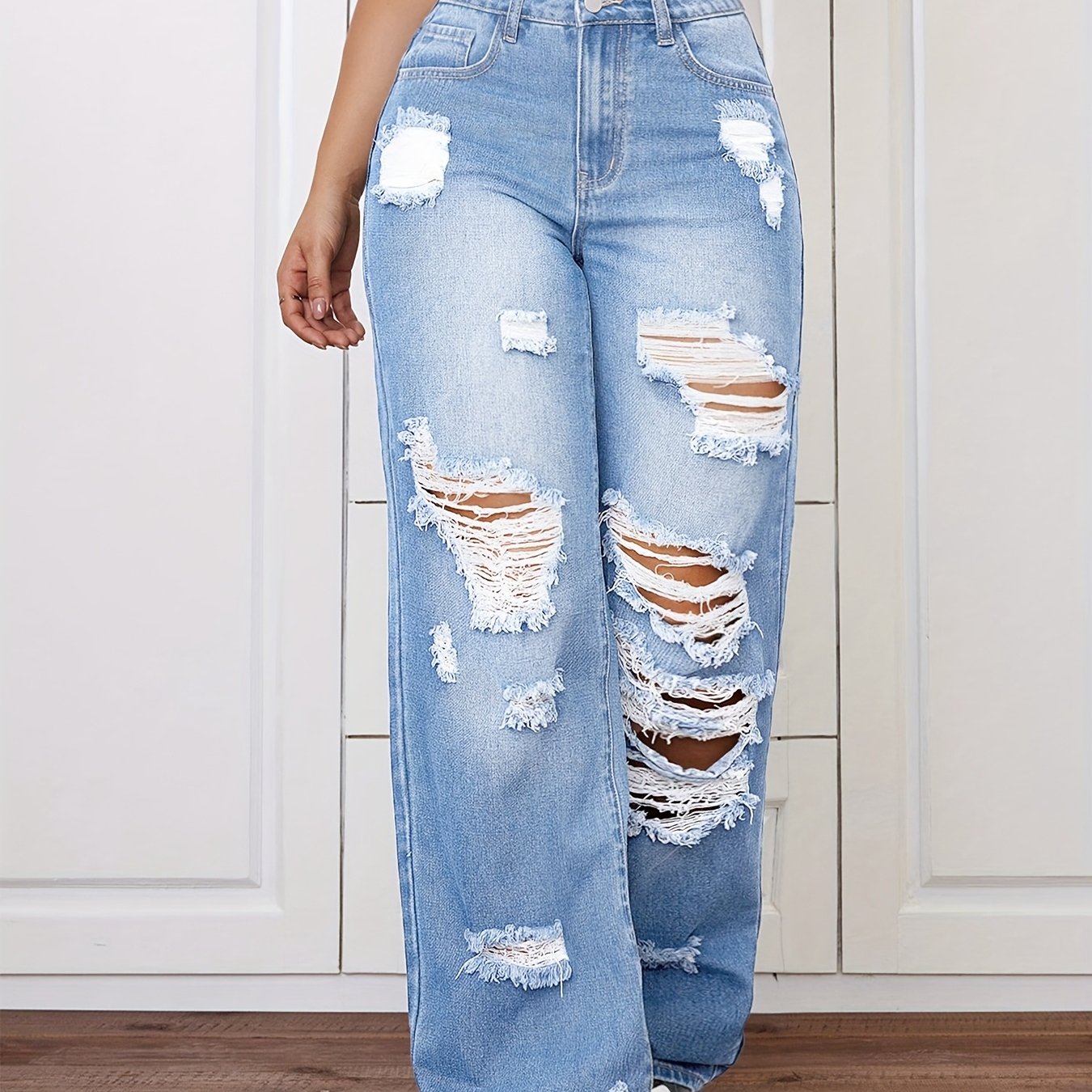 Light Blue Ripped Straight-Leg Long Pants