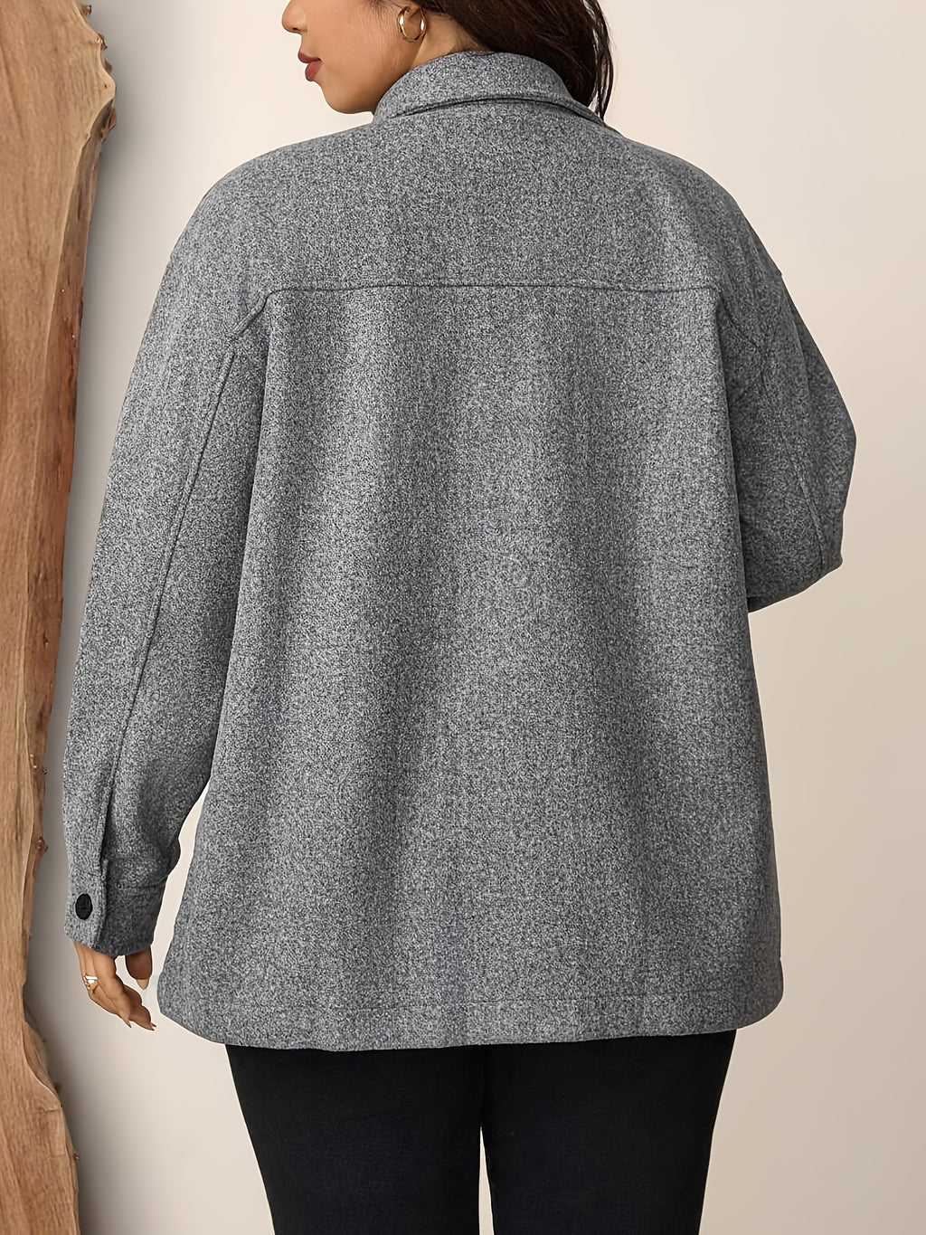 Plus Size Women's Casual Drop Shoulder Flap Pocket Shirt Mid-Weight