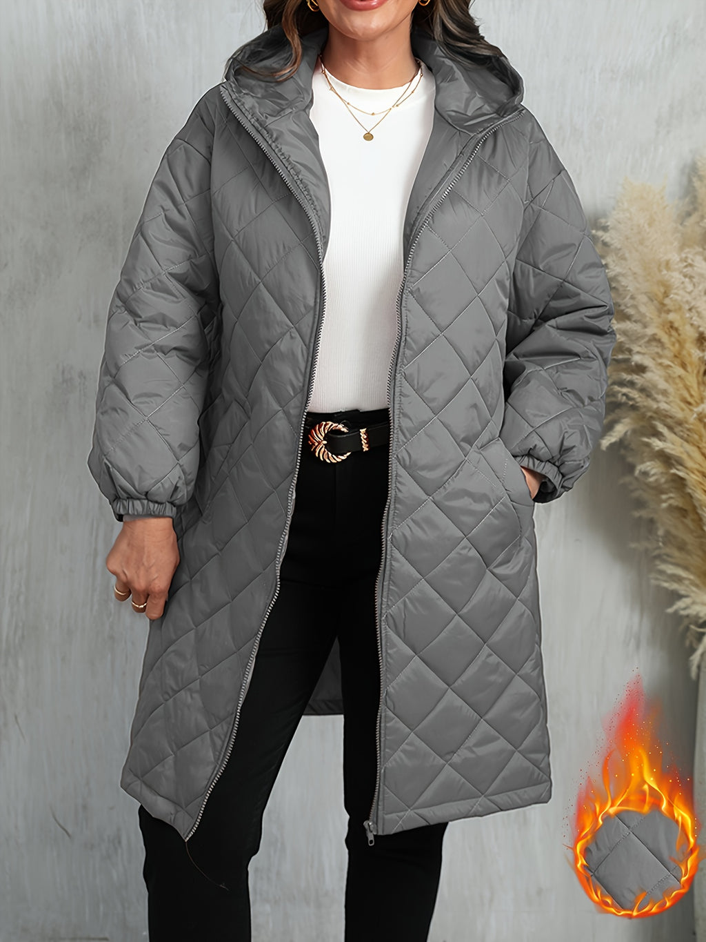 Plus Size, Women's Oversized Elegant Hooded Full-Zip Windproof Winter Coat - Heavy-Duty Warm