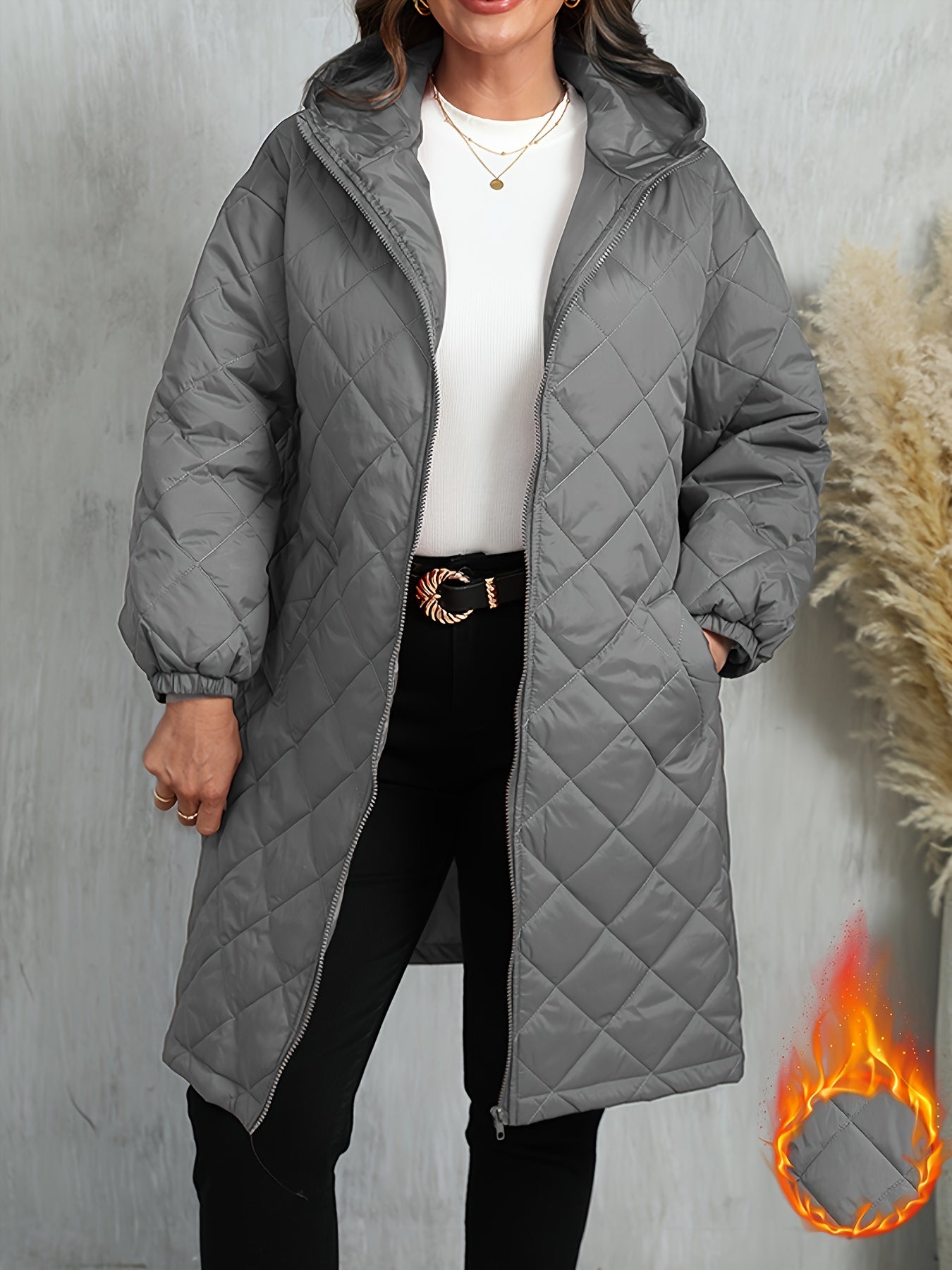 Plus Size, Women's Oversized Elegant Hooded Full-Zip Windproof Winter Coat - Heavy-Duty Warm