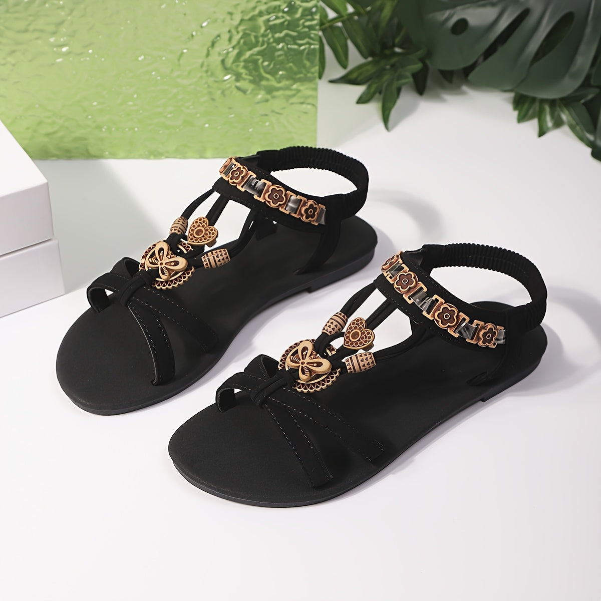 Women's Bohemian Rhinestone Floral Flat Sandals