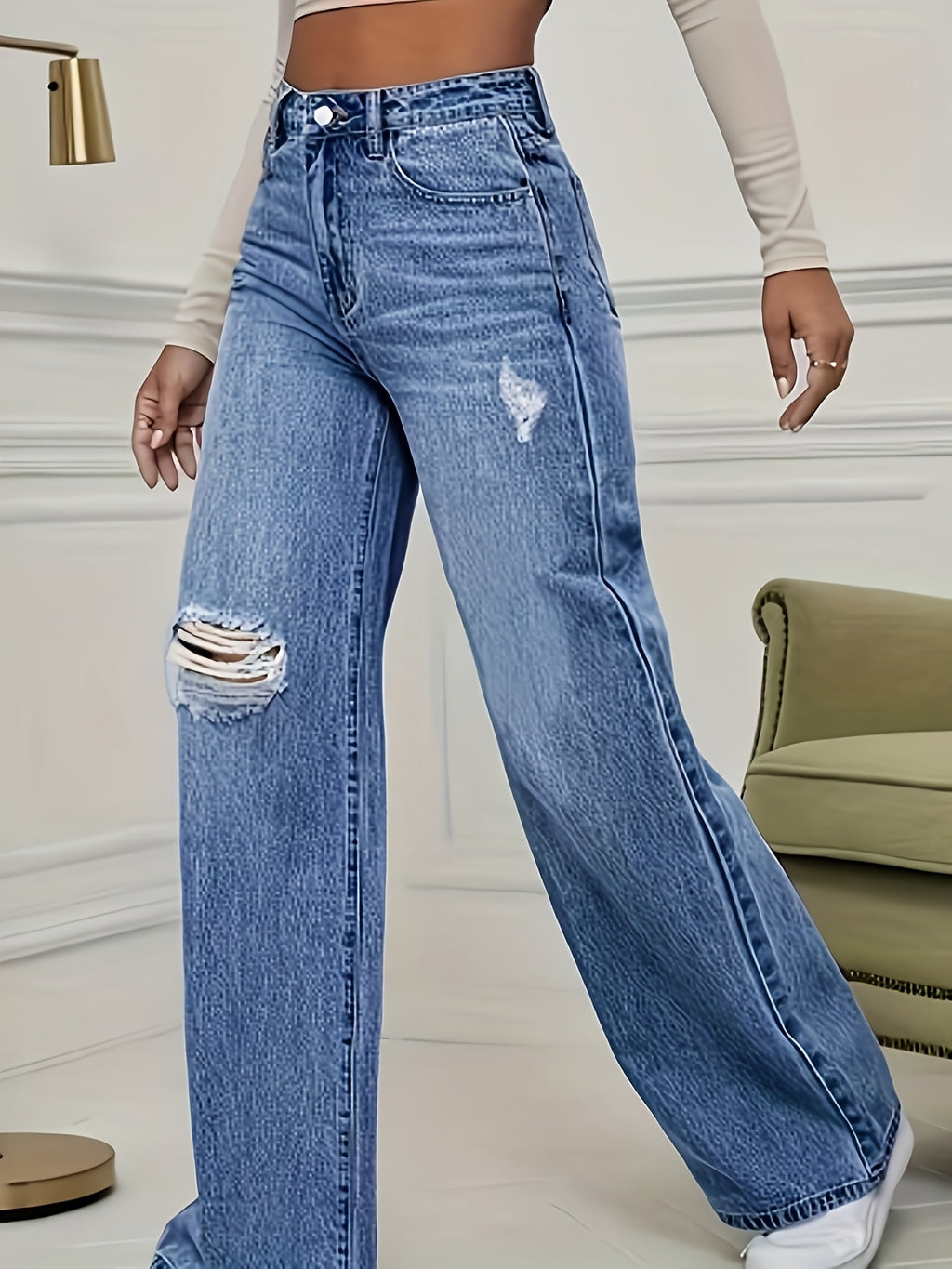 New European and American Plus Size Women's Straight-Leg Distressed Jeans