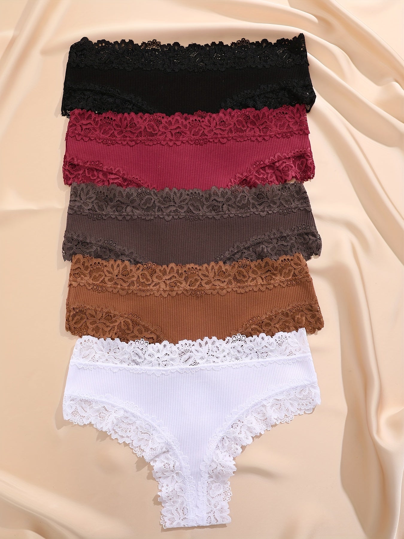 5pcs Solid Lace Trim Briefs, Comfy & Breathable Intimate Panties, Women's Lingerie & Underwear
