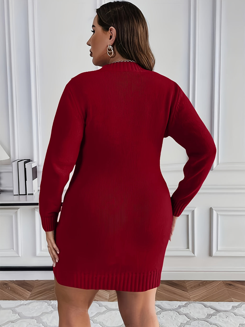 Women's Plus Size Burgundy Pearl-Adorned Oversized Sweater Dress Christmas Party New Year