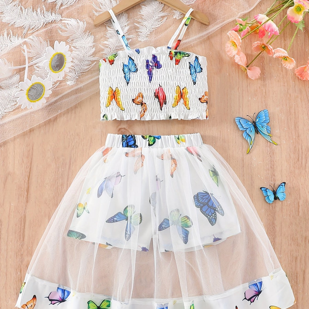 Girls' Two-Piece Set with Spaghetti Strap Butterfly Print Top
