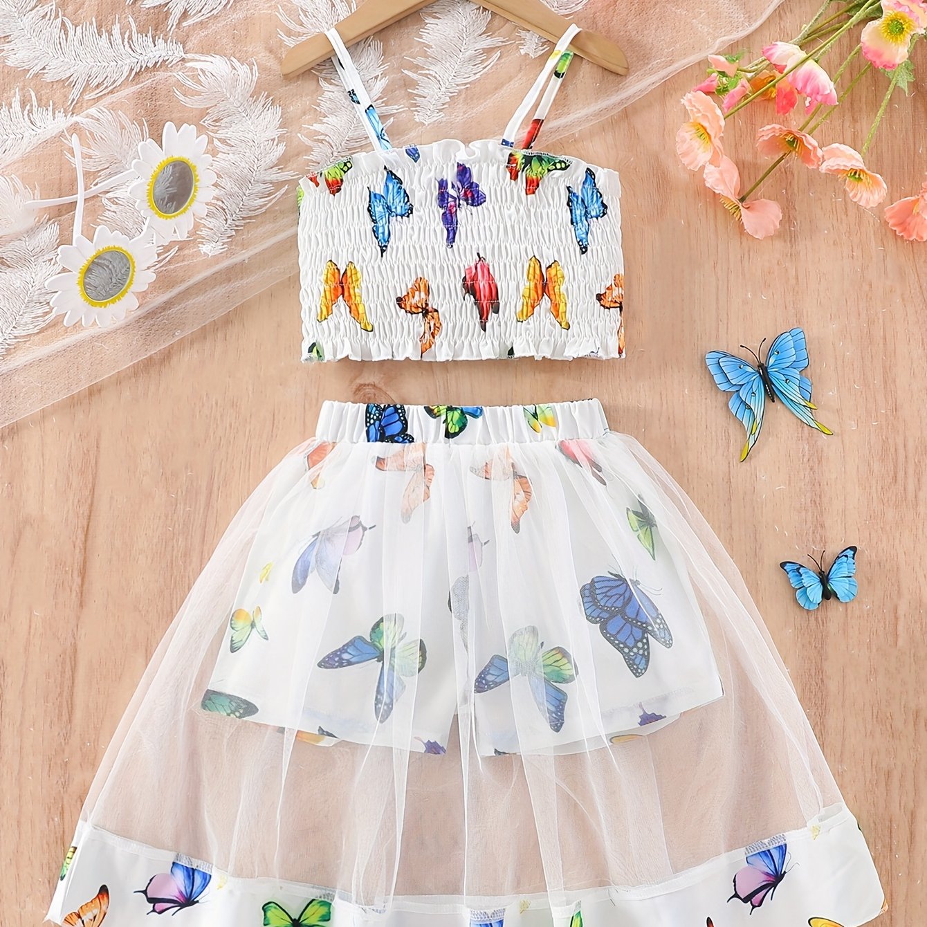 Girls' Two-Piece Set with Spaghetti Strap Butterfly Print Top