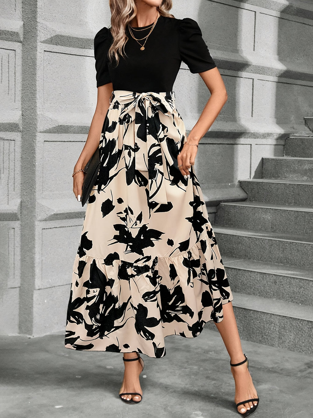 Print Midi Dress with Belt Short Sleeve