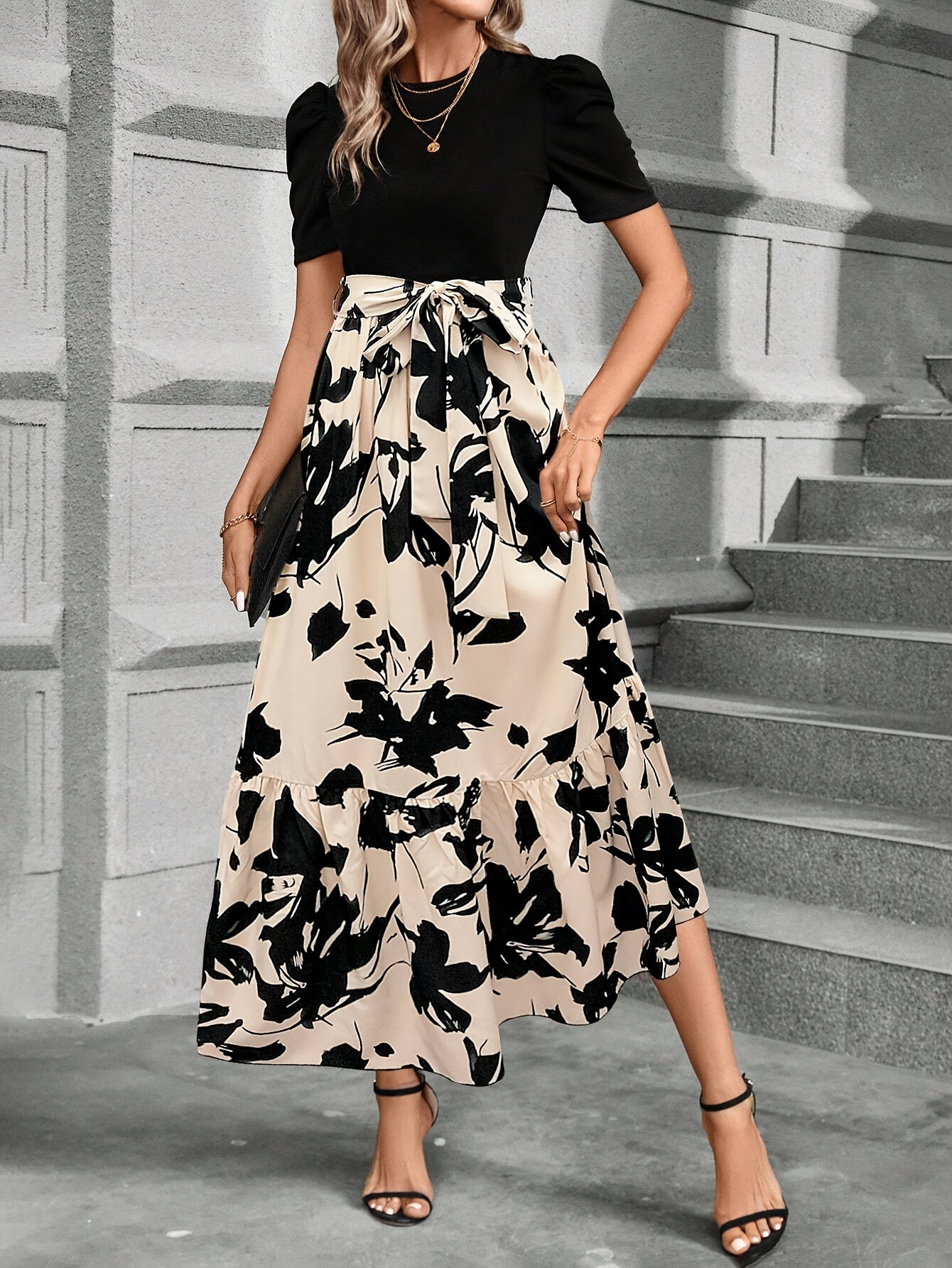 Print Midi Dress with Belt Short Sleeve